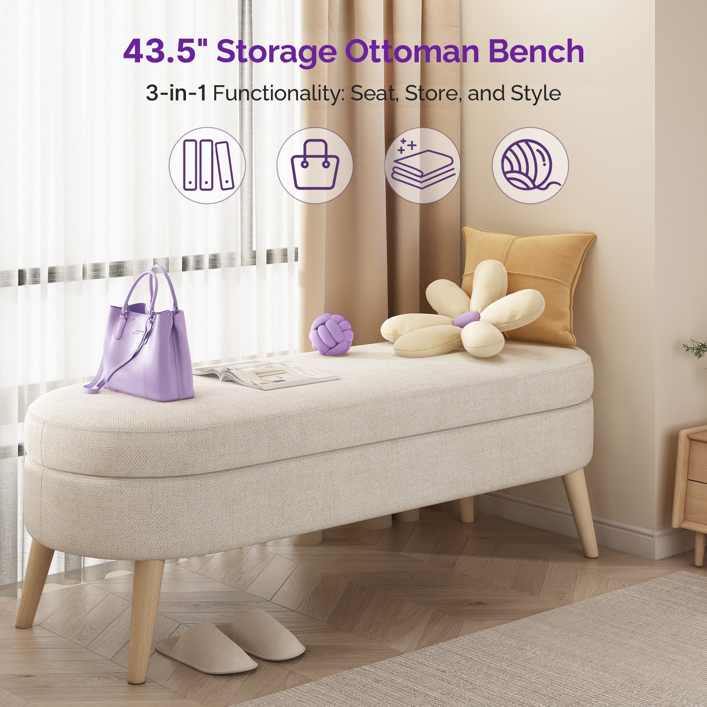 Modern 43.5" Storage Ottoman Bench for Bedroom, Living Room, Entryway - Upholstered Polyester with Solid Wood Legs, Beige