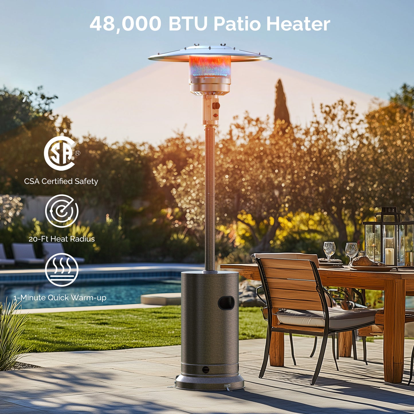 Freestanding Patio Heater, 48,000 BTU Outdoor Propane Heater with Wheel Kit, Tip-Over Safety Valve, Stainless Steel Burner & One-Button Ignition (Bronze)