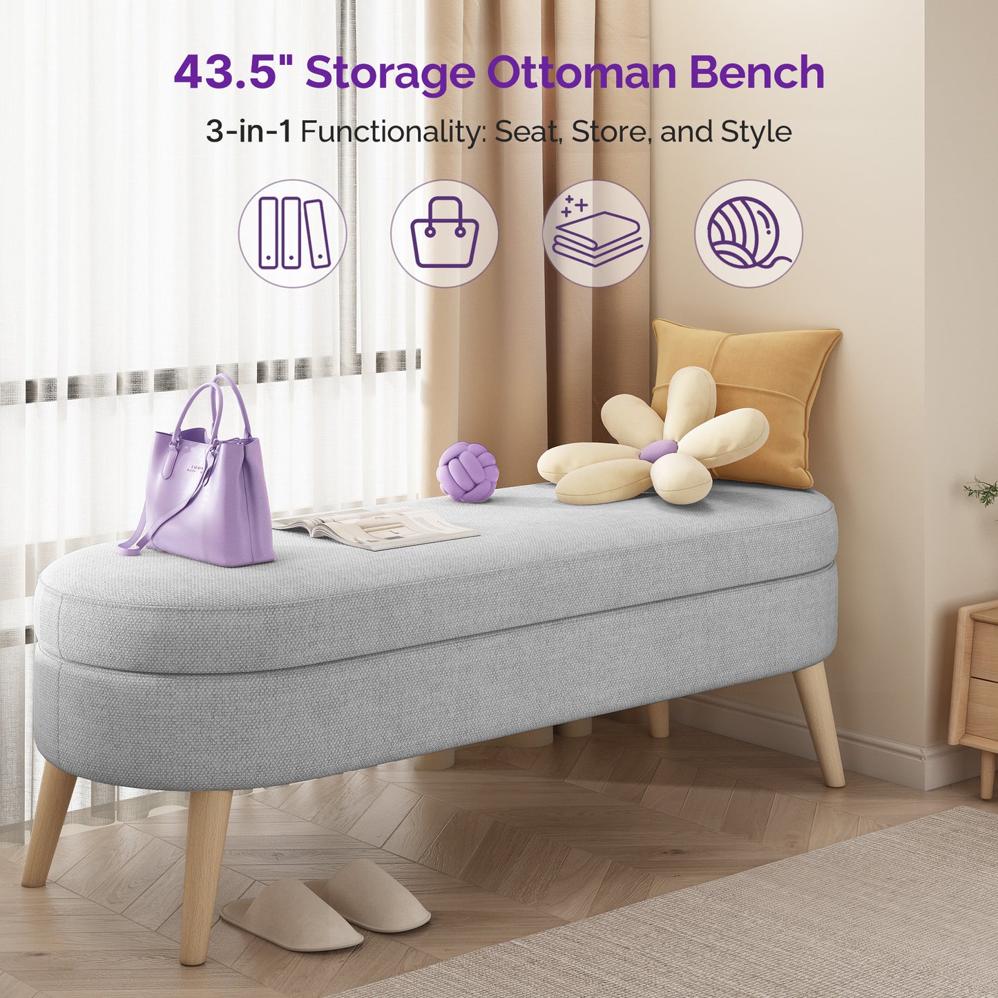 Modern 43.5" Storage Ottoman Bench for Bedroom, Living Room, Entryway - Upholstered Polyester with Solid Wood Legs, Grey