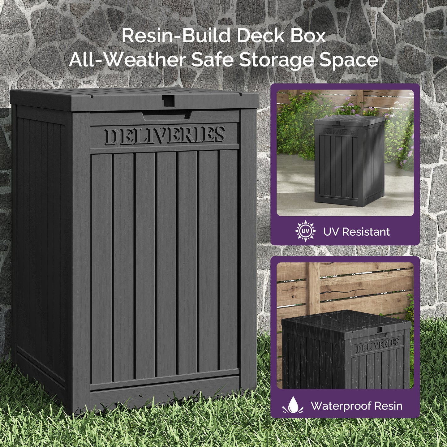 48 Gallon Deck Box - Waterproof Resin Outdoor Storage, Lockable, UV Resistant, Patio Seating & Storage Ottoman, Black