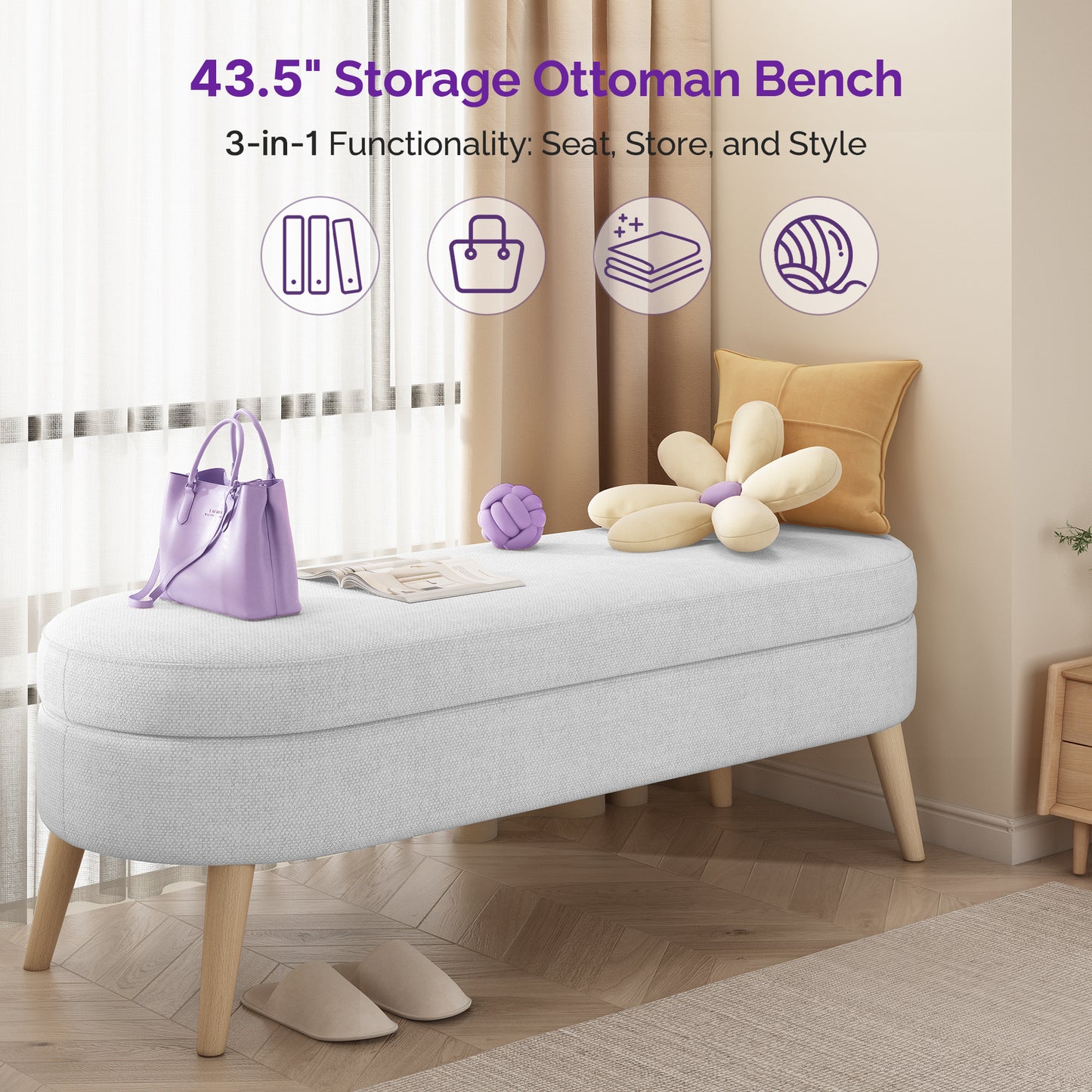 Modern 43.5" Storage Ottoman Bench for Bedroom, Living Room, Entryway - Upholstered Polyester with Solid Wood Legs, White