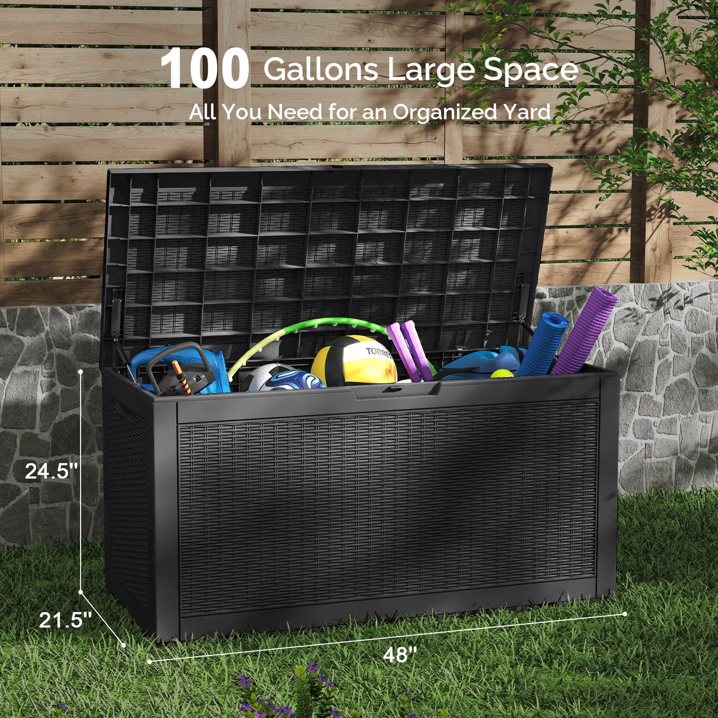 100 Gallon Outdoor Storage Box - Waterproof Resin Deck Box with Gas Strut, Lockable, UV Resistant, for Patio Cushions, Pool Supplies, Black