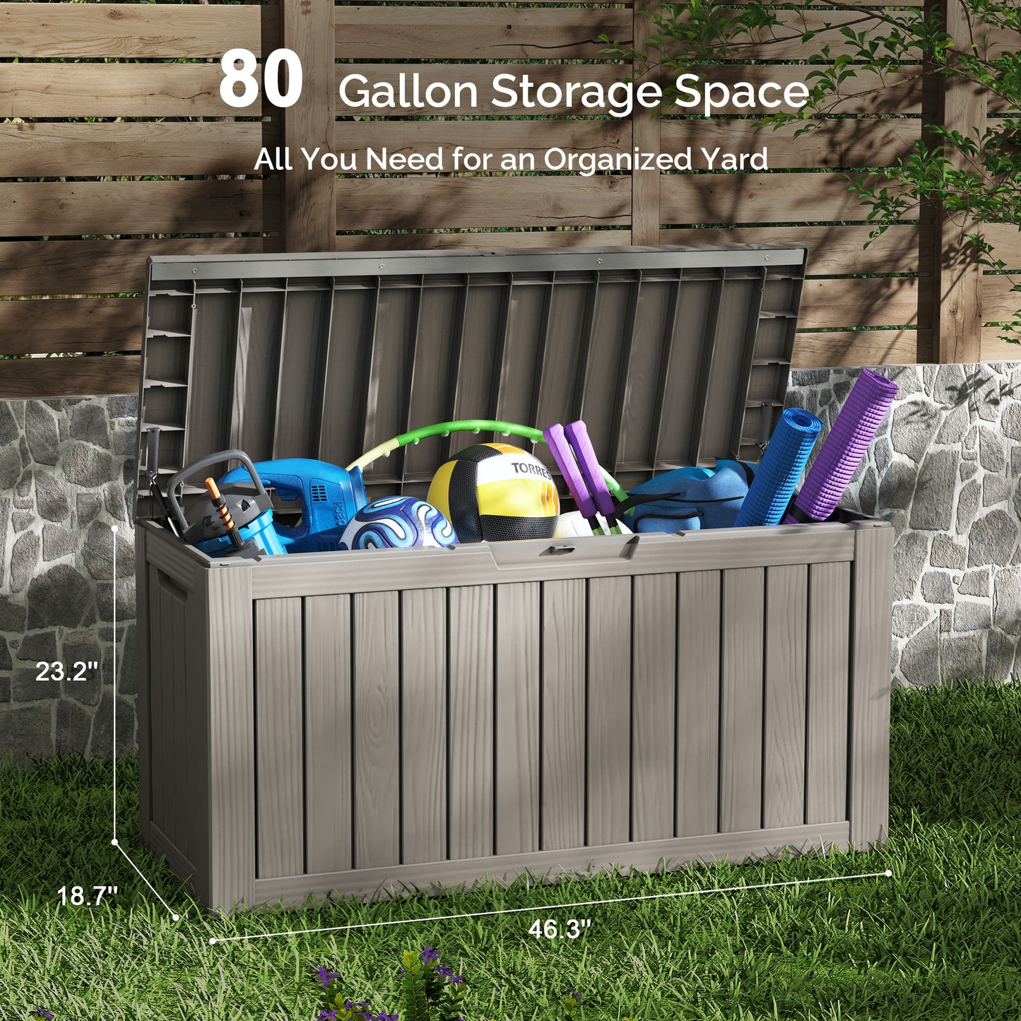 80 Gallon Outdoor Storage Box - Waterproof Resin Deck Box with Gas Strut, Lockable, UV Resistant, for Patio Cushions, Pool Supplies, Grey