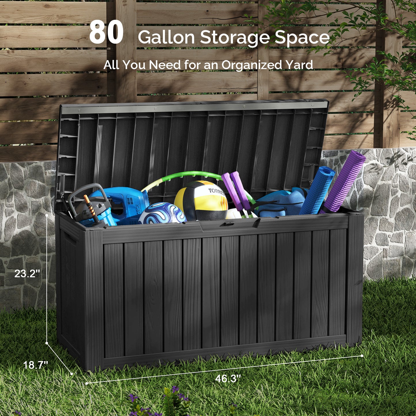 80 Gallon Outdoor Storage Box - Waterproof Resin Deck Box with Gas Strut, Lockable, UV Resistant, for Patio Cushions, Pool Supplies, Black