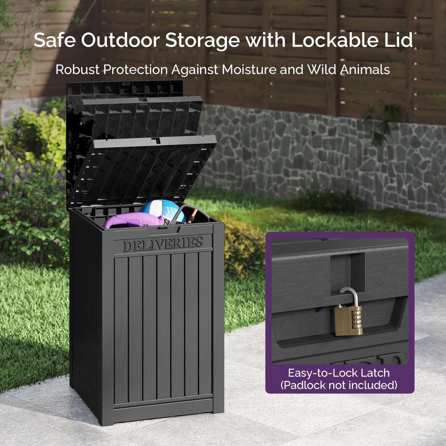 48 Gallon Deck Box - Waterproof Resin Outdoor Storage, Lockable, UV Resistant, Patio Seating & Storage Ottoman, Black