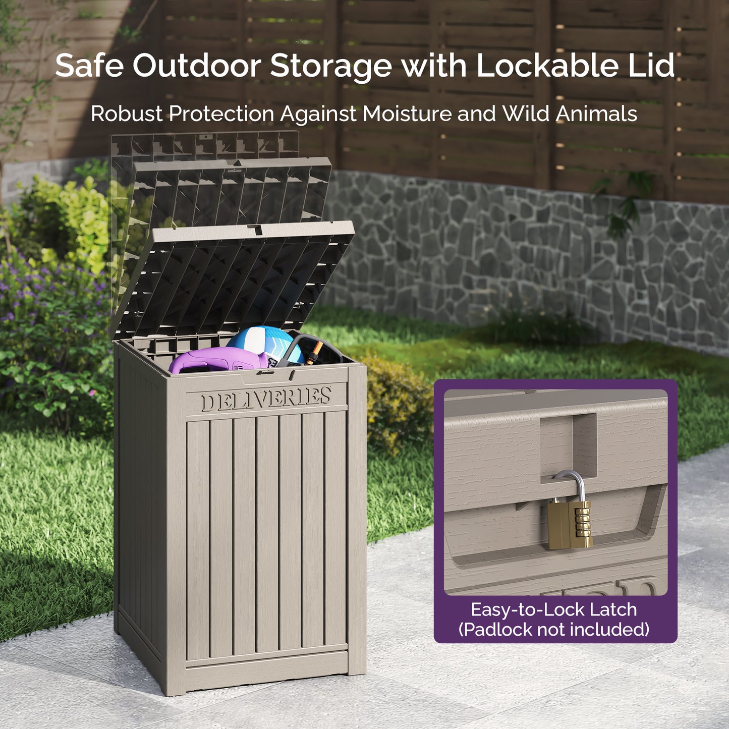 48 Gallon Deck Box - Waterproof Resin Outdoor Storage, Lockable, UV Resistant, Patio Seating & Storage Ottoman, Grey