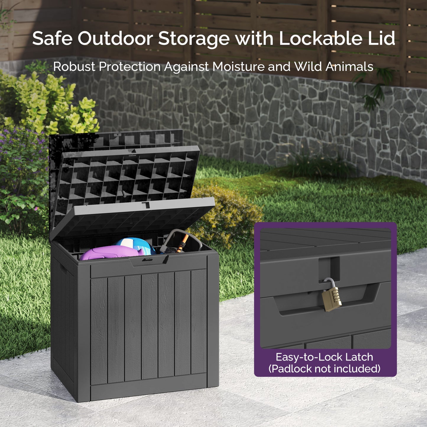 30 Gallon Deck Box - Waterproof Resin Outdoor Storage, Lockable, UV Resistant, Patio Seating & Storage Ottoman, Black