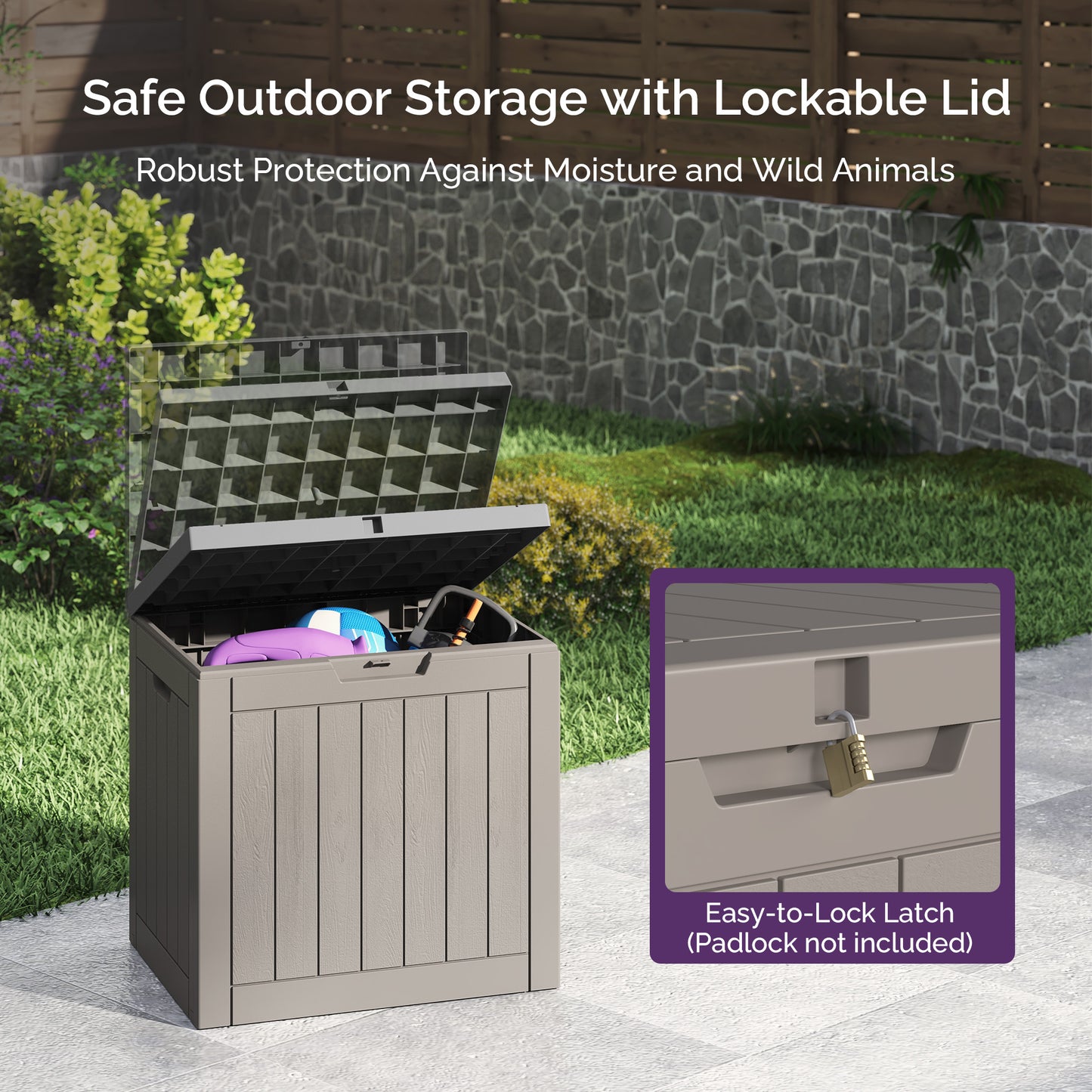 30 Gallon Deck Box - Waterproof Resin Outdoor Storage, Lockable, UV Resistant, Patio Seating & Storage Ottoman, Grey