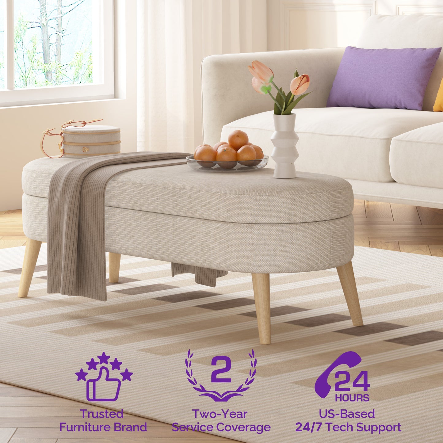 Modern 43.5" Storage Ottoman Bench for Bedroom, Living Room, Entryway - Upholstered Polyester with Solid Wood Legs, Beige