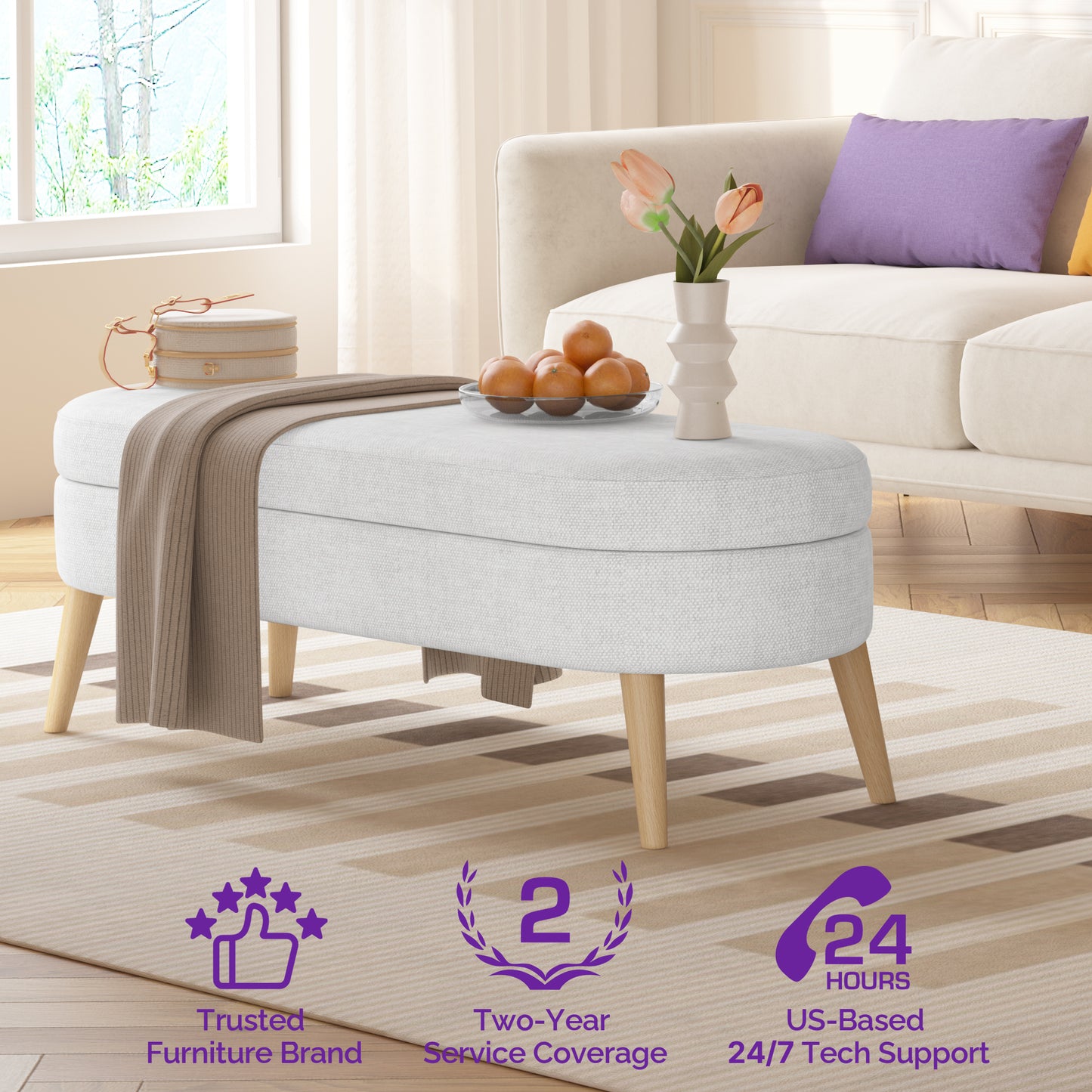 Modern 43.5" Storage Ottoman Bench for Bedroom, Living Room, Entryway - Upholstered Polyester with Solid Wood Legs, White