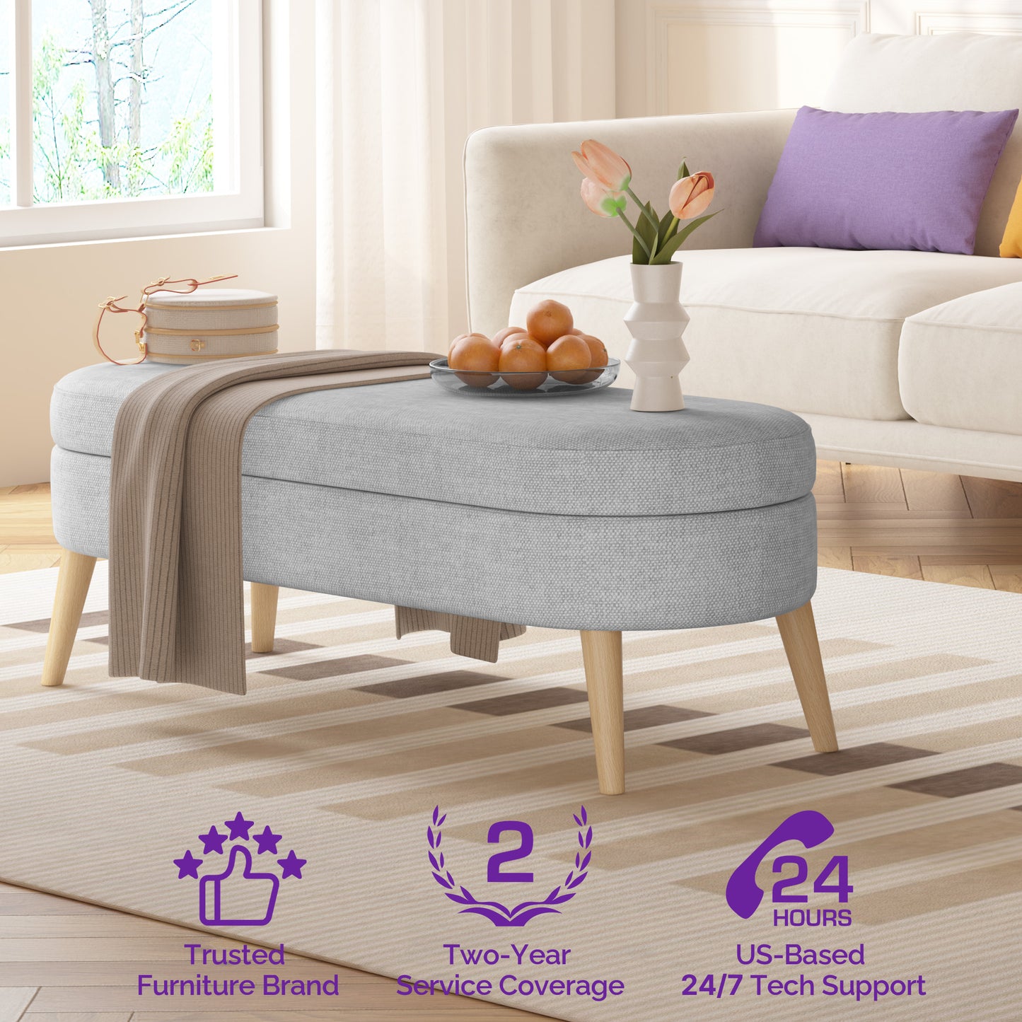 Modern 43.5" Storage Ottoman Bench for Bedroom, Living Room, Entryway - Upholstered Polyester with Solid Wood Legs, Grey