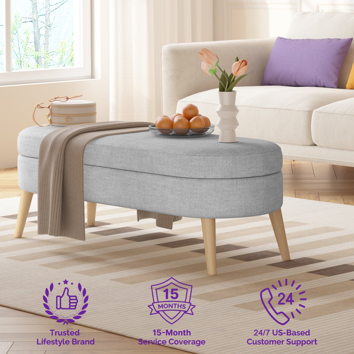 Modern 43.5" Storage Ottoman Bench for Bedroom, Living Room, Entryway - Upholstered Polyester with Solid Wood Legs, Grey