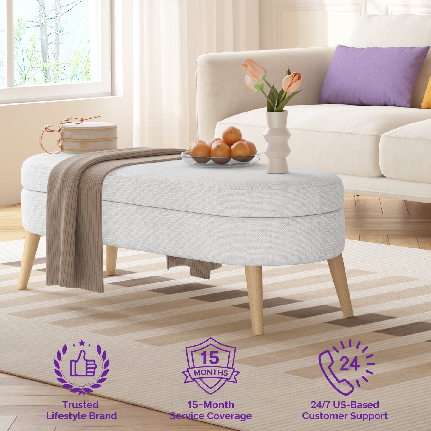 Modern 43.5" Storage Ottoman Bench for Bedroom, Living Room, Entryway - Upholstered Polyester with Solid Wood Legs, White